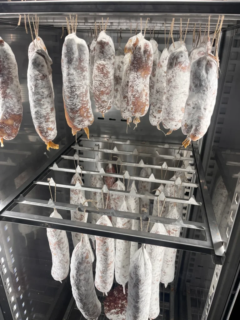 Charcuteries suspendues dans une boucherie artisanale en Hauts-de-France, avec des rangées de saucisses couvertes de moisissure blanche, visibles à travers une porte vitrée.